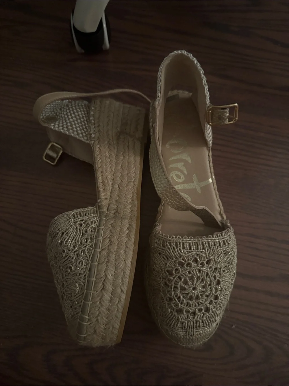 Crochet Ankle-Strap Espadrille Wedges in Beige